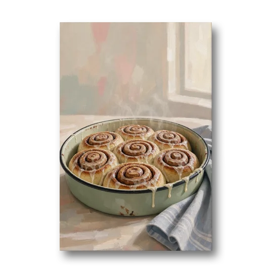 Cinnamon Roll Painting in a Sage Enamel Pan - Canvas Wall Art - Front