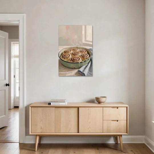 Cinnamon Roll Painting in a Sage Enamel Pan - Canvas Wall Art - Coffee Table - 24x36