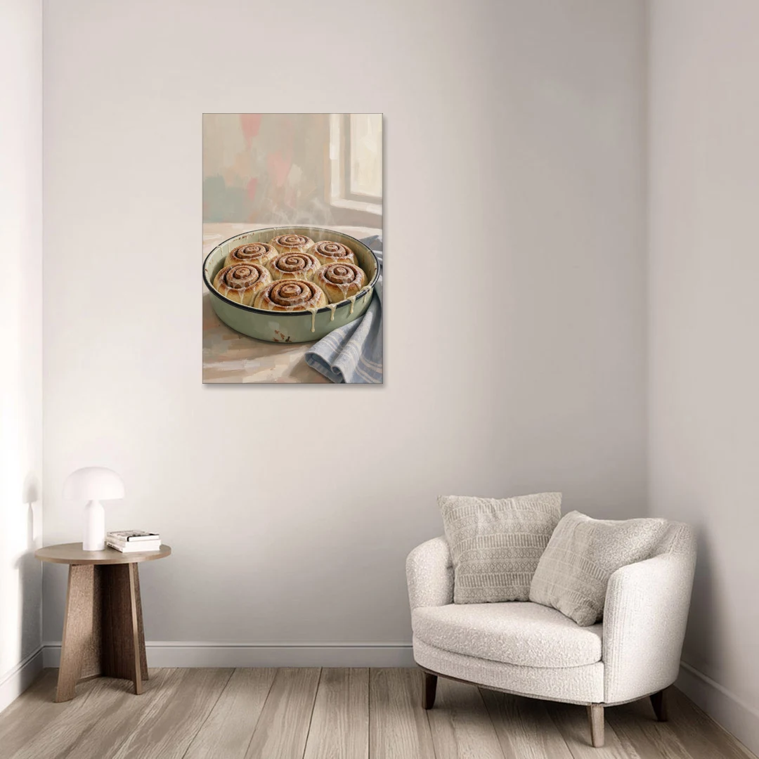 Cinnamon Roll Painting in a Sage Enamel Pan - Canvas Wall Art - Sofa - 24x36