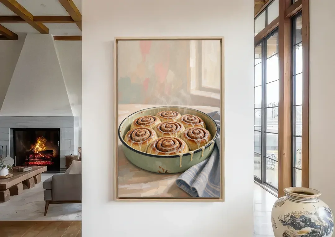 Cinnamon Roll Painting in a Sage Enamel Pan canvas wall art in a living room with a fireplace