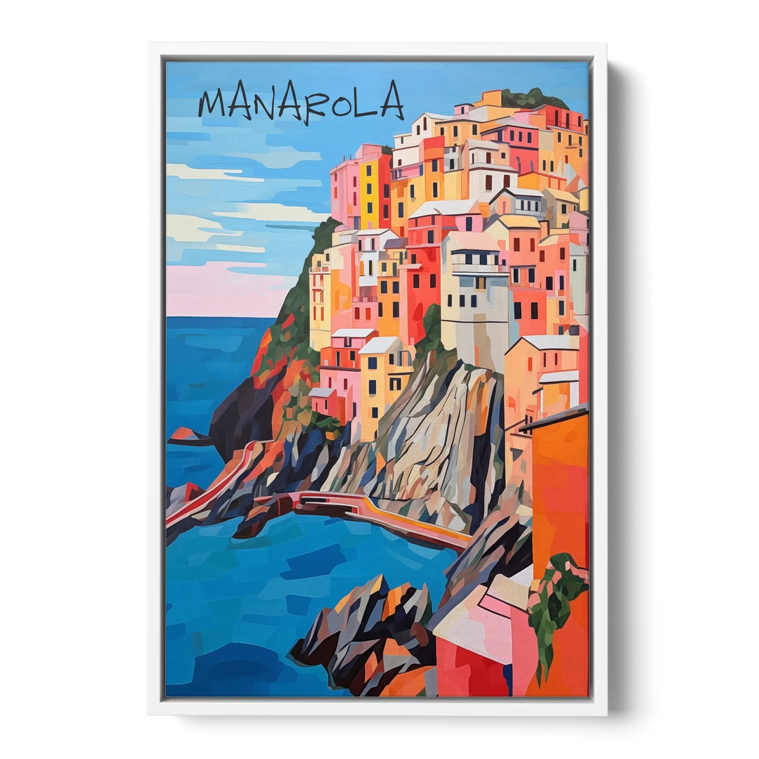 Cinque Terre Art of Manarola - White Framed Canvas Wall Art - Front