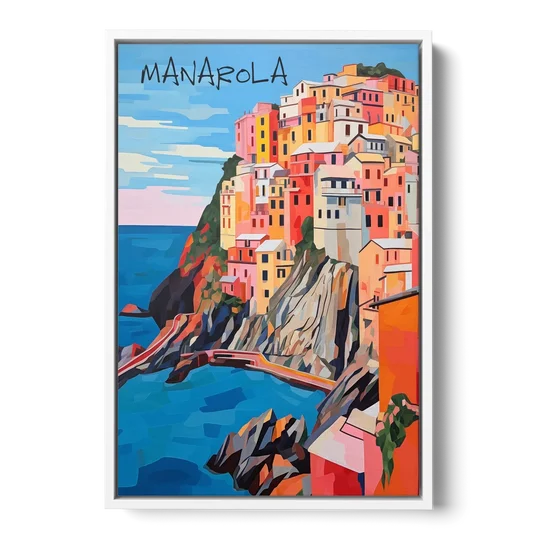 Cinque Terre Art of Manarola - White Framed Canvas Wall Art - Front
