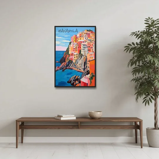 Cinque Terre Art of Manarola - Black Framed Canvas Wall Art - Coffee Table - 24x36