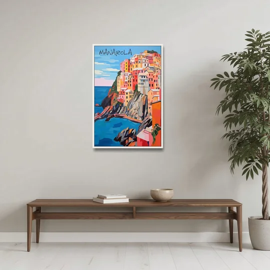 Cinque Terre Art of Manarola - White Framed Canvas Wall Art - Coffee Table - 24x36