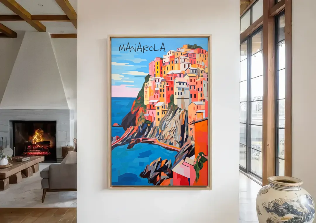 Cinque Terre Art of Manarola canvas wall art in a living room with a fireplace