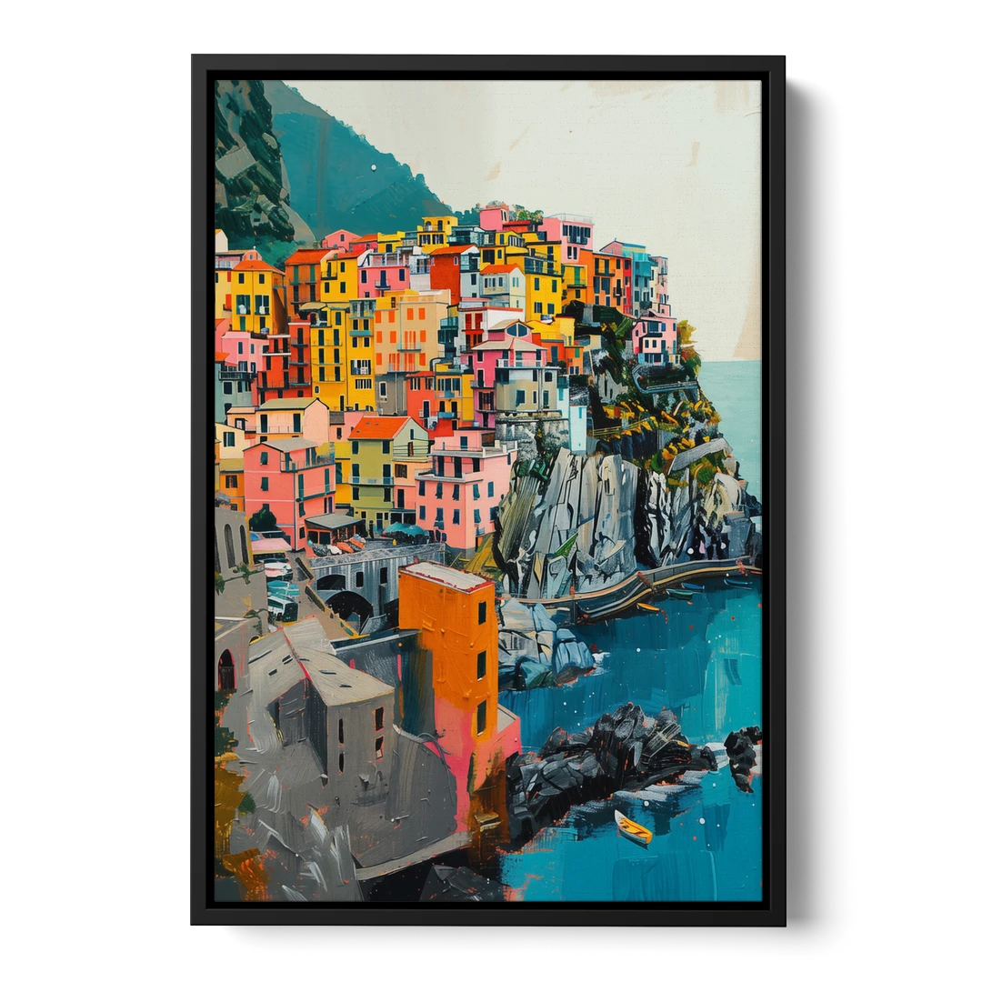 Cinque Terre Painting of a Cliff Village - Black Framed Canvas Wall Art - Front