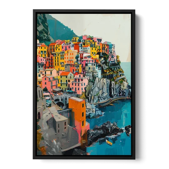 Cinque Terre Painting of a Cliff Village - Black Framed Canvas Wall Art - Front