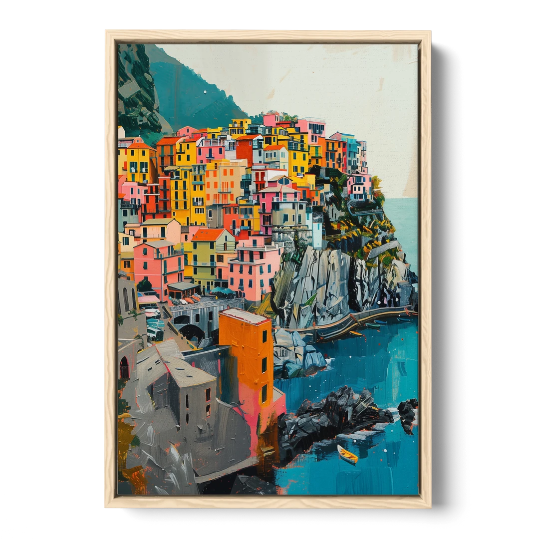 Cinque Terre Painting of a Cliff Village - Oak Framed Canvas Wall Art - Front