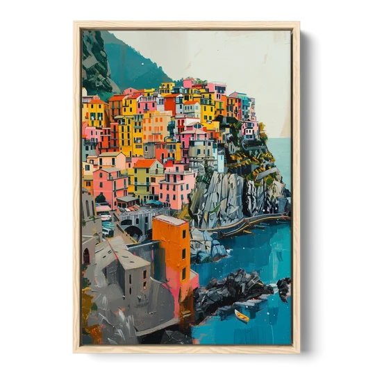 Cinque Terre Painting of a Cliff Village - Oak Framed Canvas Wall Art - Front
