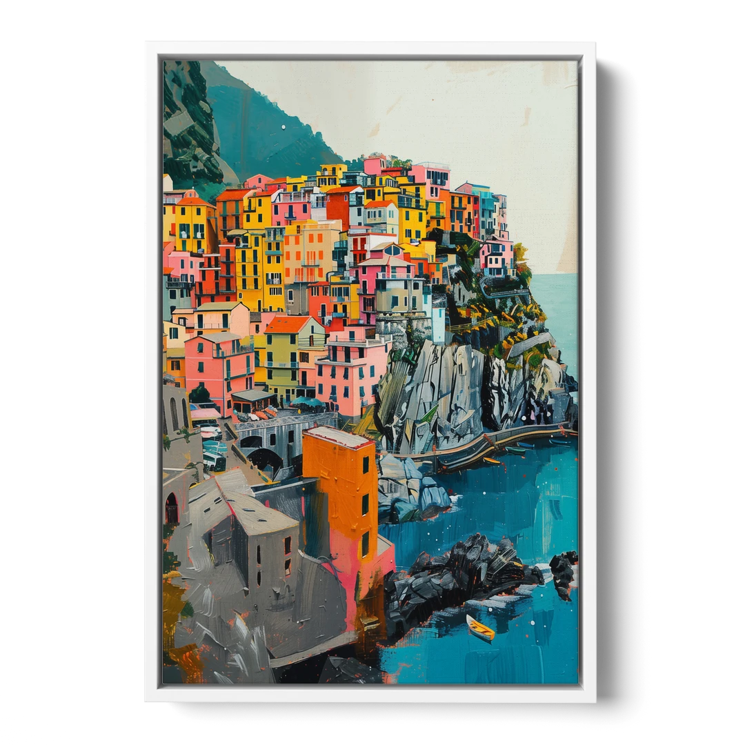 Cinque Terre Painting of a Cliff Village - White Framed Canvas Wall Art - Front
