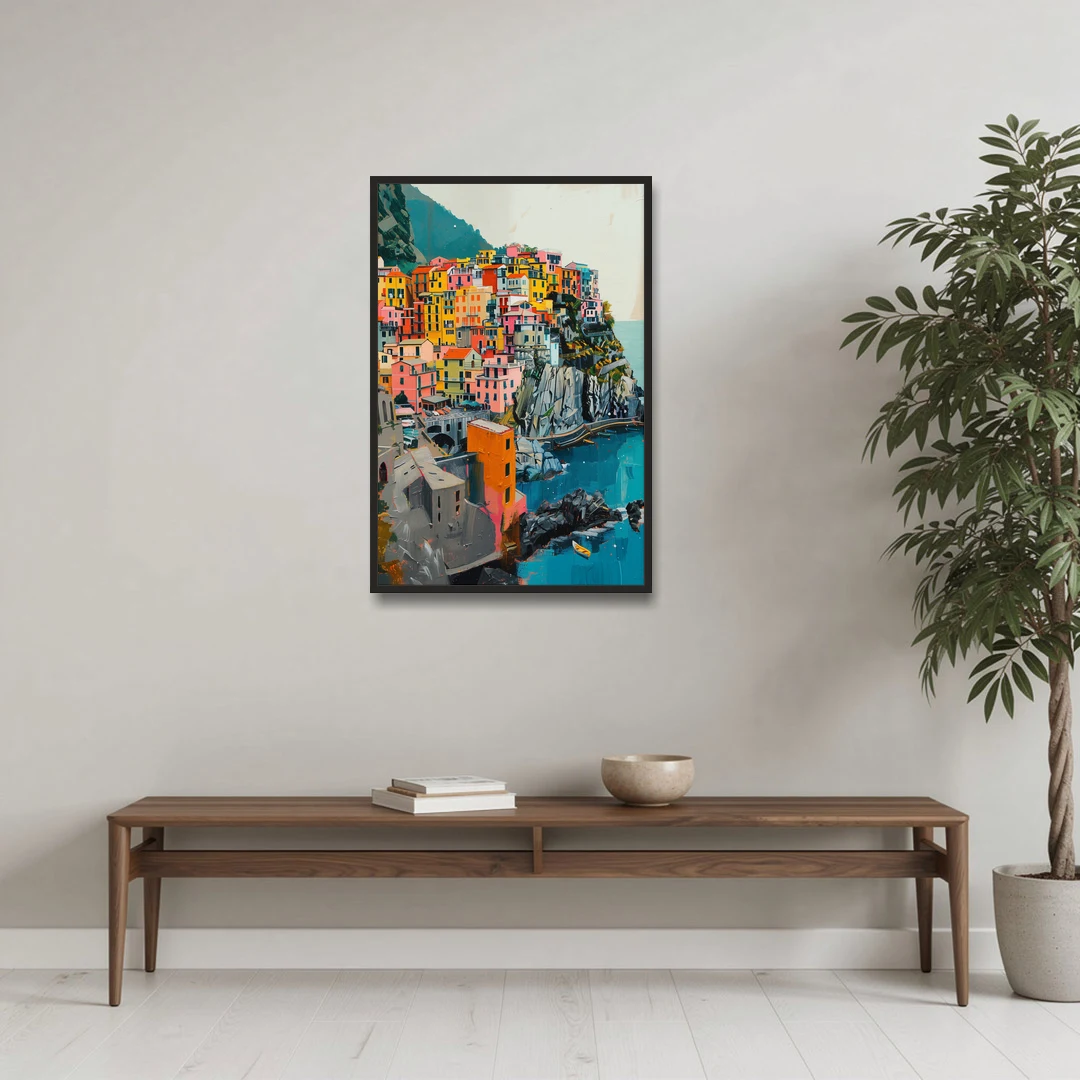 Cinque Terre Painting of a Cliff Village - Black Framed Canvas Wall Art - Coffee Table - 24x36
