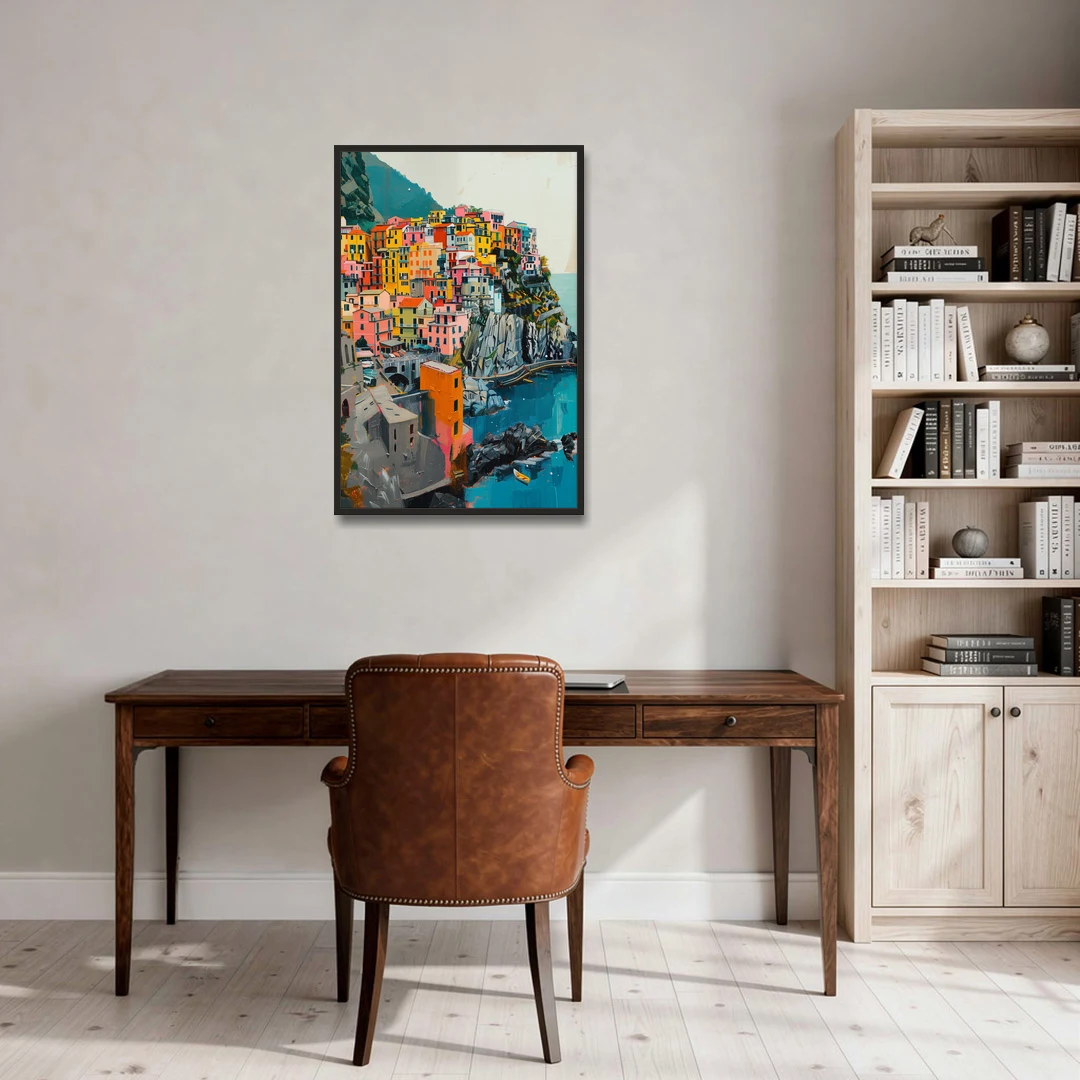 Cinque Terre Painting of a Cliff Village - Black Framed Canvas Wall Art - Office - 24x36