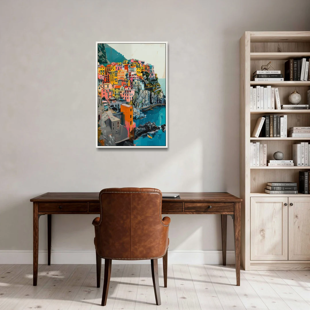 Cinque Terre Painting of a Cliff Village - White Framed Canvas Wall Art - Office - 24x36
