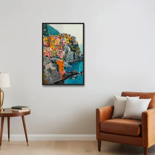 Cinque Terre Painting of a Cliff Village - Black Framed Canvas Wall Art - Sofa - 24x36