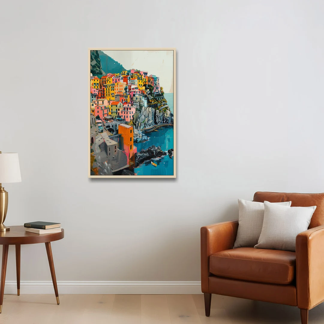 Cinque Terre Painting of a Cliff Village - Oak Framed Canvas Wall Art - Sofa - 24x36