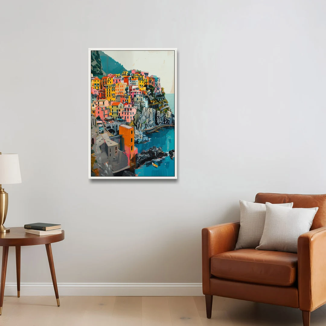 Cinque Terre Painting of a Cliff Village - White Framed Canvas Wall Art - Sofa - 24x36