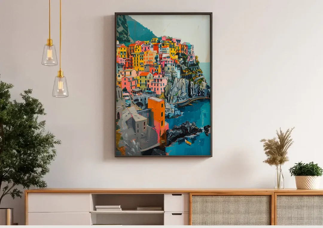 Cinque Terre Painting of a Cliff Village canvas wall art above a wooden sideboard under pendant lights