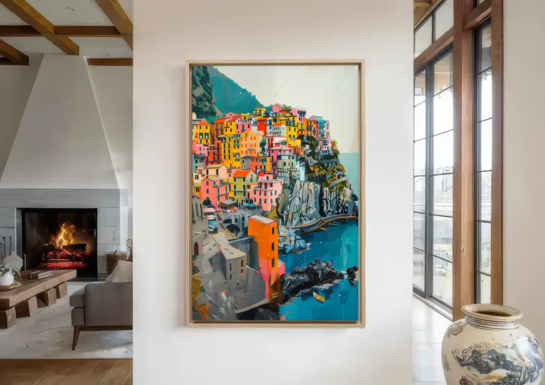 Cinque Terre Painting of a Cliff Village canvas wall art in a living room with a fireplace