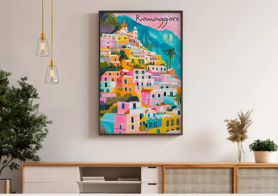 Cinque Terre Wall Art in Candy Colors canvas wall art above a wooden sideboard under pendant lights