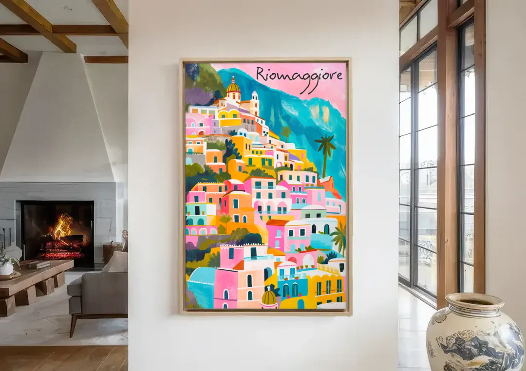 Cinque Terre Wall Art in Candy Colors canvas wall art in a living room with a fireplace