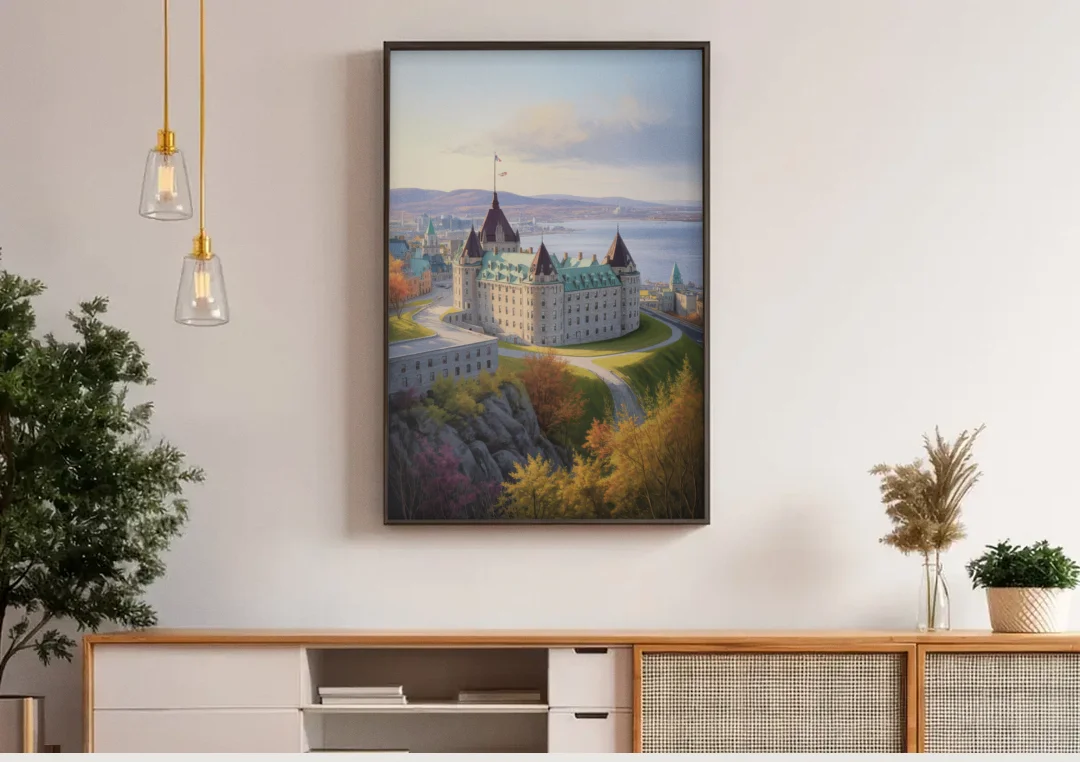 Citadel of Quebec canvas wall art above a wooden sideboard under pendant lights