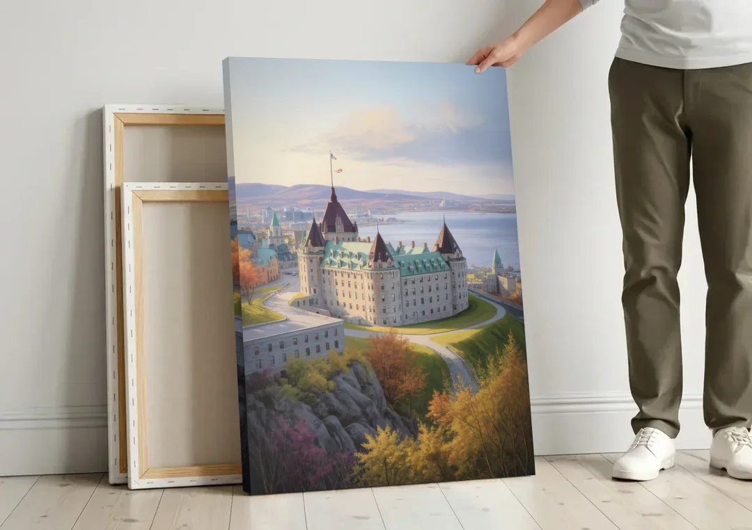 Citadel of Quebec canvas wall art leaning against a wall next to blank canvases