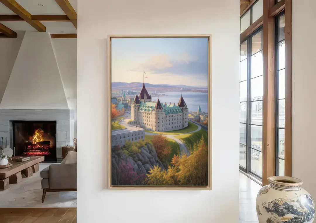 Citadel of Quebec canvas wall art in a living room with a fireplace