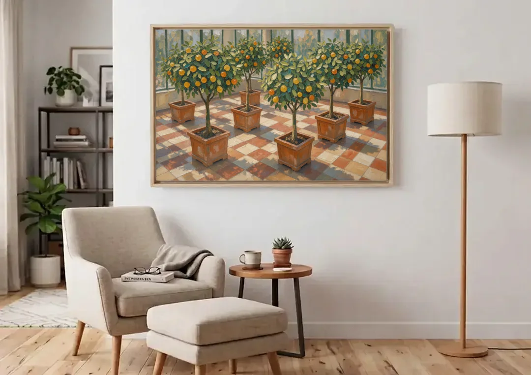 Citrus Tree Painting on a Tiled Conservatory Floor canvas wall art above an armchair in a bright living room