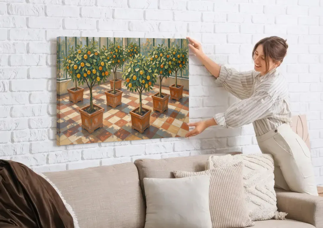 Citrus Tree Painting on a Tiled Conservatory Floor canvas wall art being hung on a white brick wall above a sofa