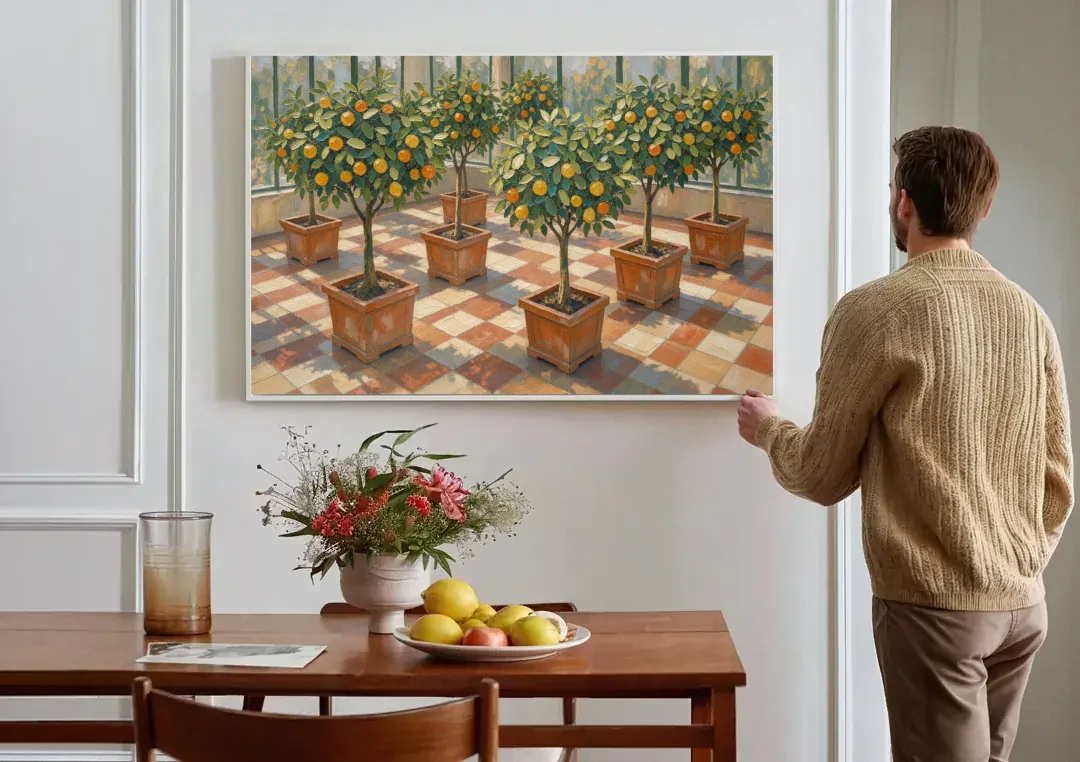 Citrus Tree Painting on a Tiled Conservatory Floor canvas wall art above a dining table
