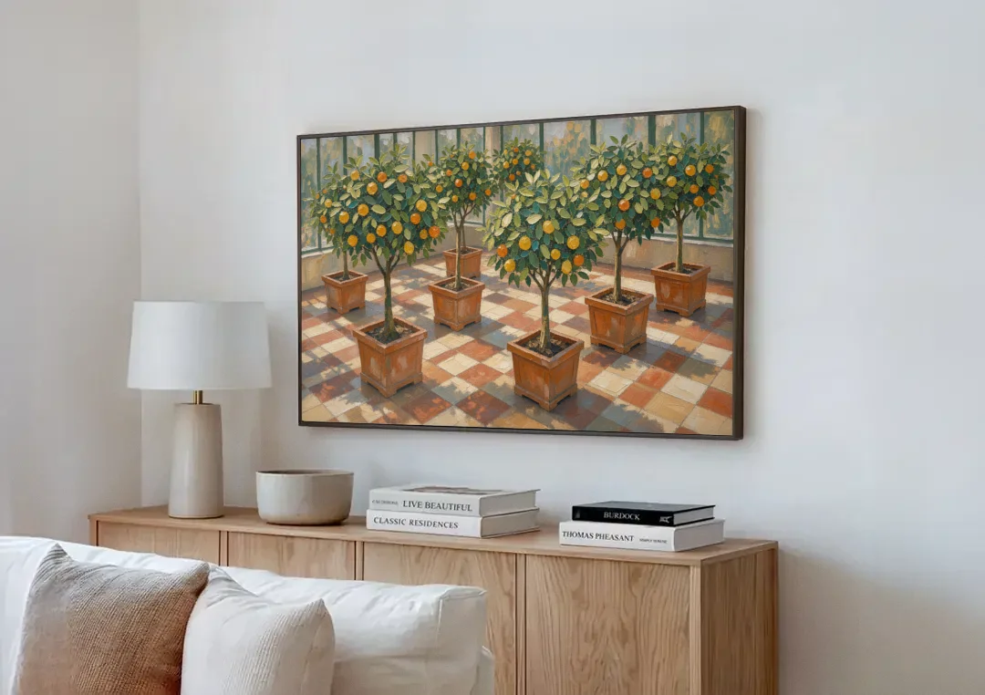Citrus Tree Painting on a Tiled Conservatory Floor canvas wall art above a wooden sideboard next to a sofa