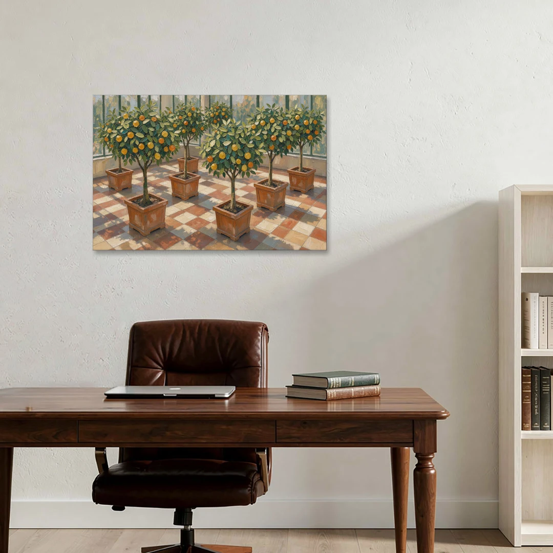 Citrus Tree Painting on a Tiled Conservatory Floor - Canvas Wall Art - Office - 36x24