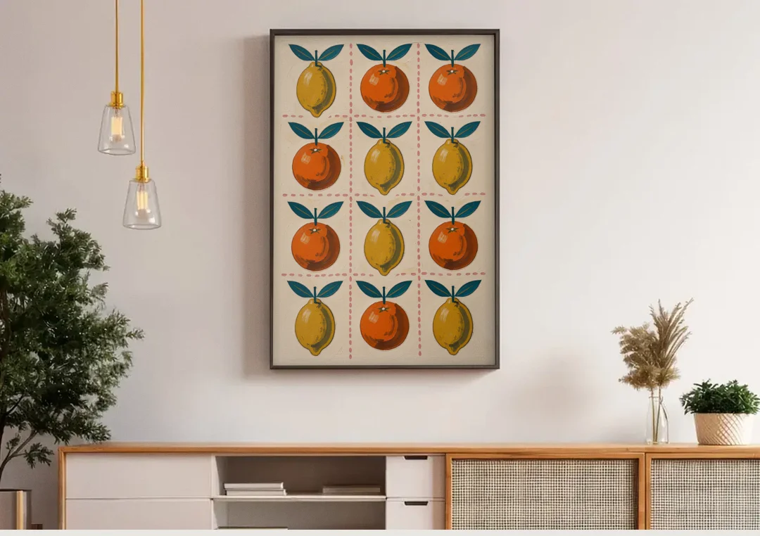 Citrus Wall Art with Lemons and Oranges canvas wall art above a wooden sideboard under pendant lights