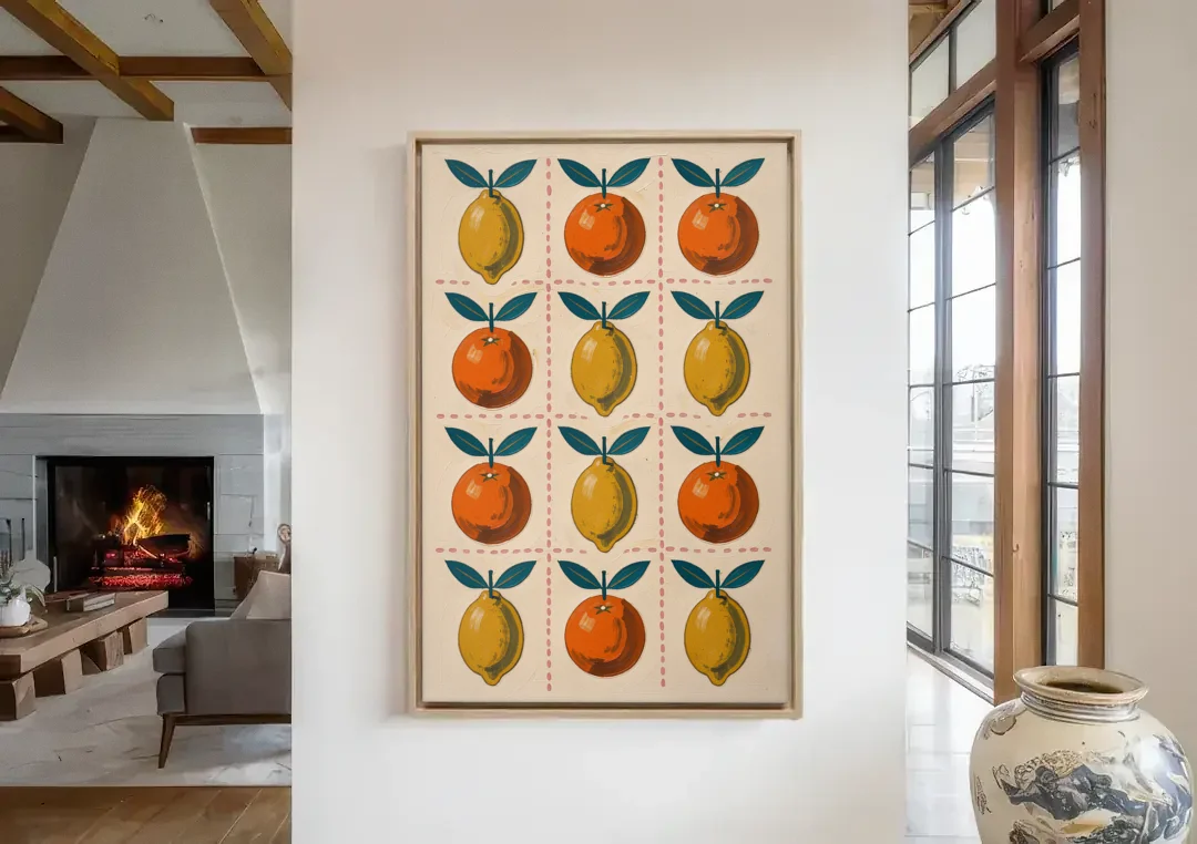Citrus Wall Art with Lemons and Oranges canvas wall art in a living room with a fireplace