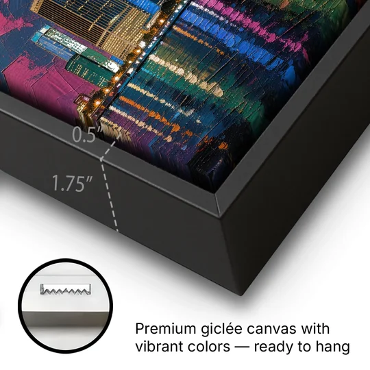 City at Night Painting Along the River - Black Framed Canvas Wall Art - Gallery Wrap Corner