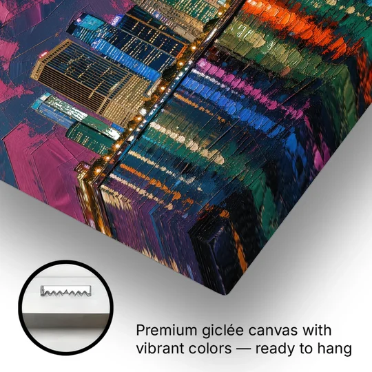 City at Night Painting Along the River - Canvas Wall Art - Gallery Wrap Corner