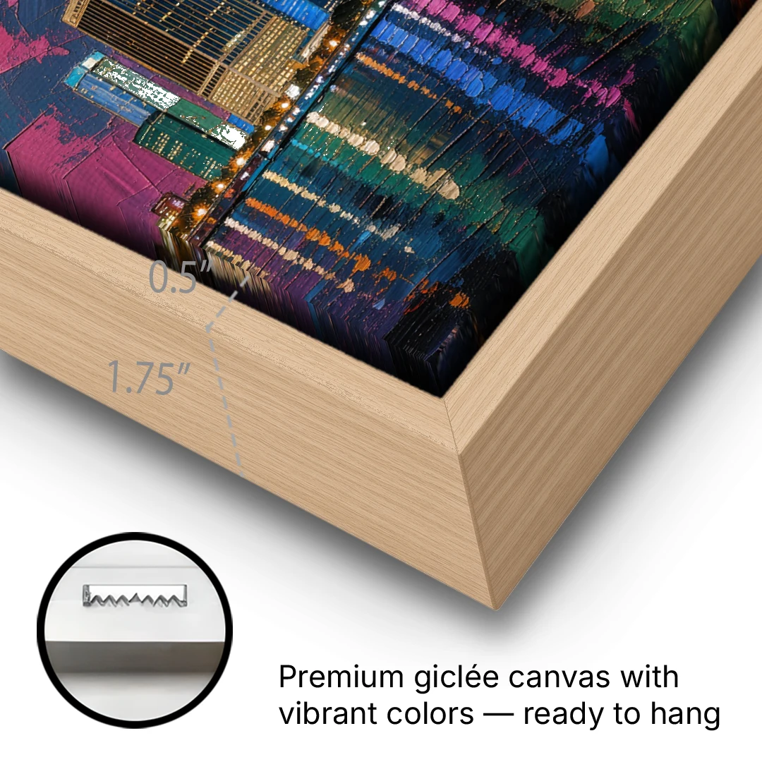 City at Night Painting Along the River - Oak Framed Canvas Wall Art - Gallery Wrap Corner