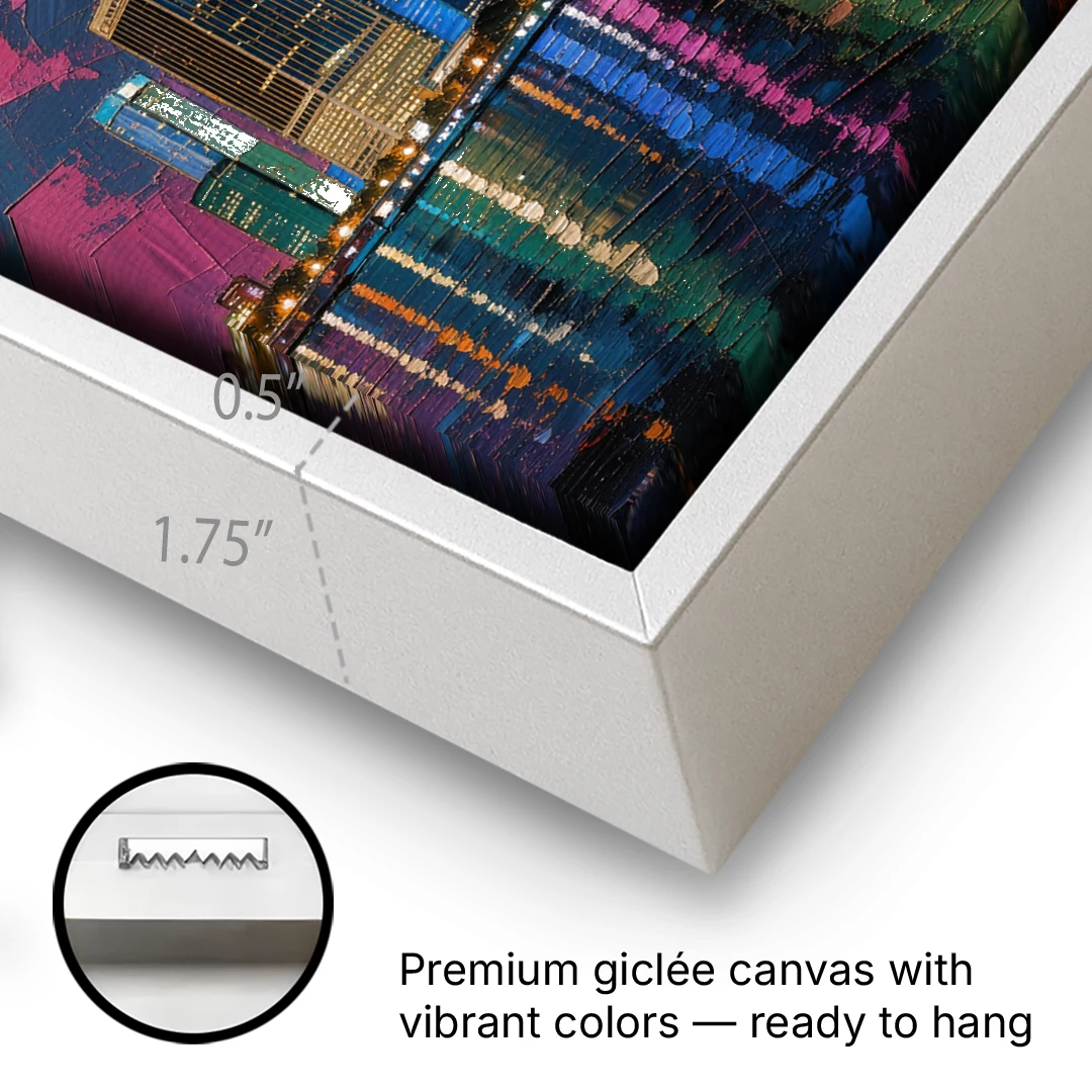 City at Night Painting Along the River - White Framed Canvas Wall Art - Gallery Wrap Corner
