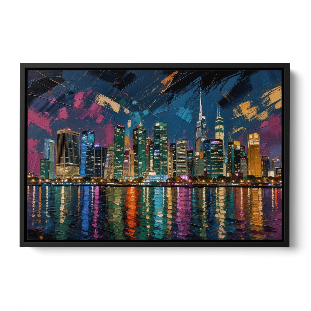 City at Night Painting Along the River - Black Framed Canvas Wall Art - Front