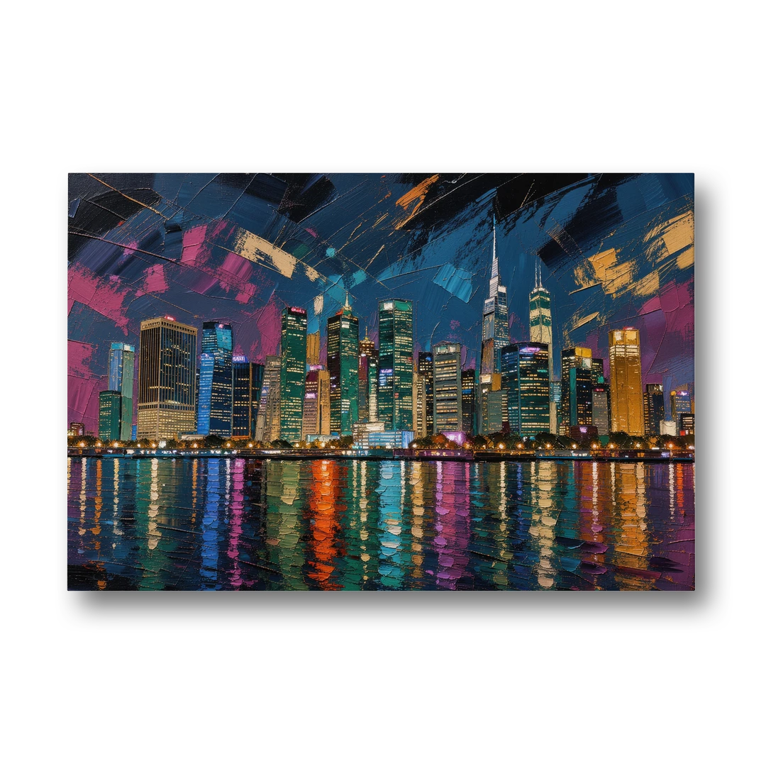 City at Night Painting Along the River - Canvas Wall Art - Front