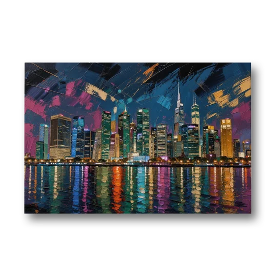 City at Night Painting Along the River - Canvas Wall Art - Front