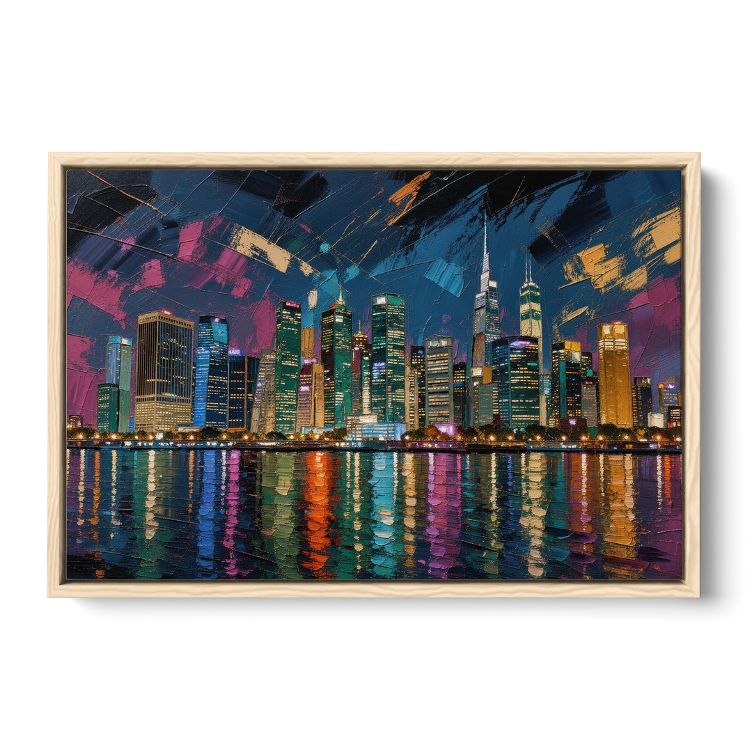City at Night Painting Along the River - Oak Framed Canvas Wall Art - Front