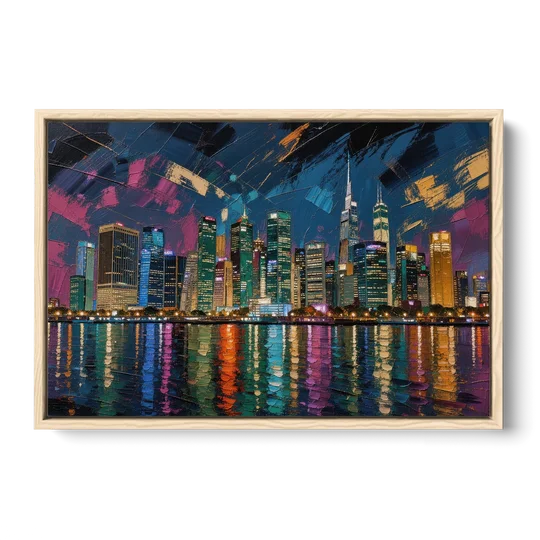 City at Night Painting Along the River - Oak Framed Canvas Wall Art - Front