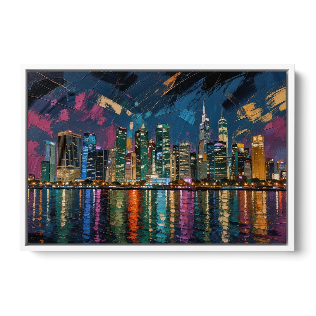 City at Night Painting Along the River - White Framed Canvas Wall Art - Front
