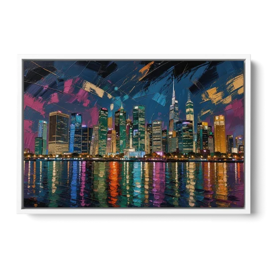 City at Night Painting Along the River - White Framed Canvas Wall Art - Front