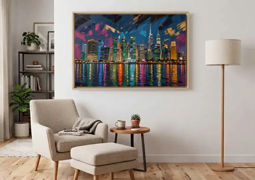 City at Night Painting Along the River canvas wall art above an armchair in a bright living room