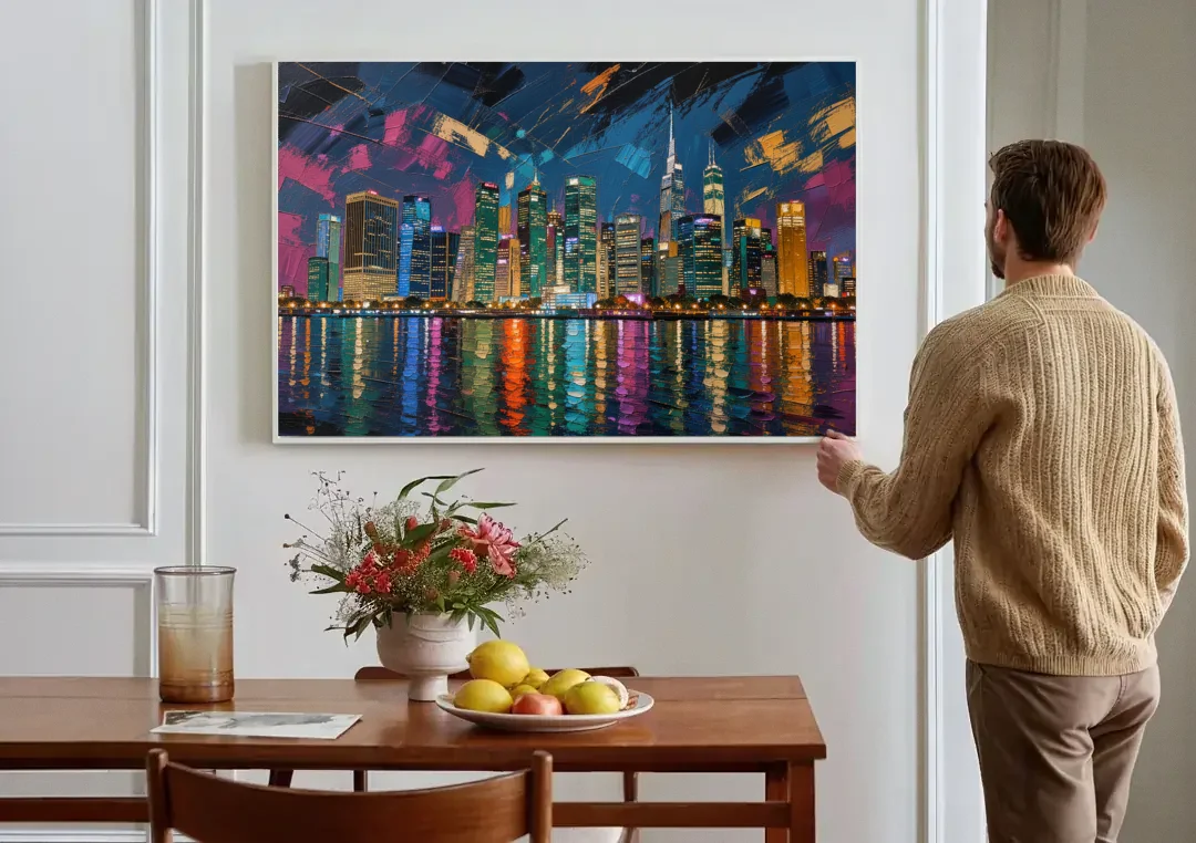 City at Night Painting Along the River canvas wall art above a dining table