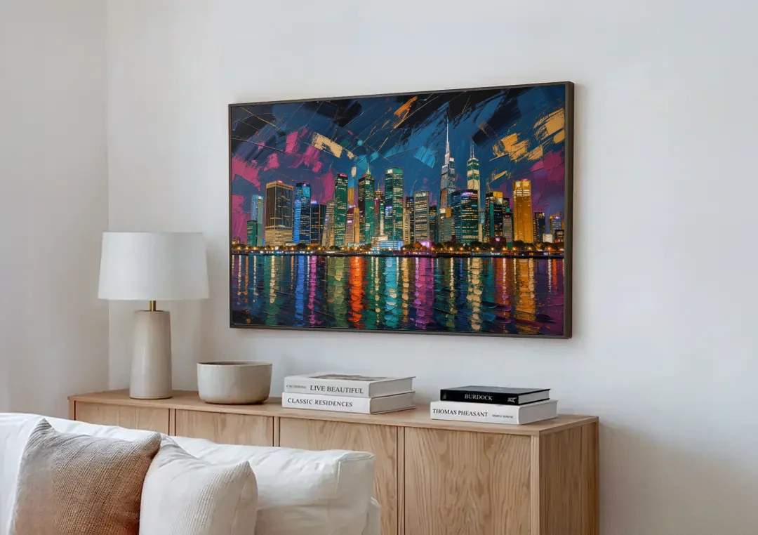 City at Night Painting Along the River canvas wall art above a wooden sideboard next to a sofa