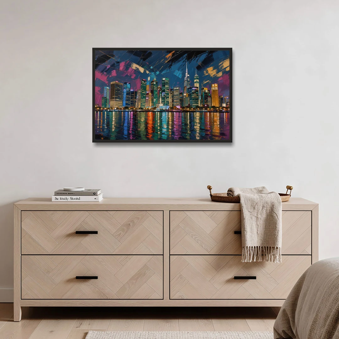 City at Night Painting Along the River - Black Framed Canvas Wall Art - Coffee Table - 36x24