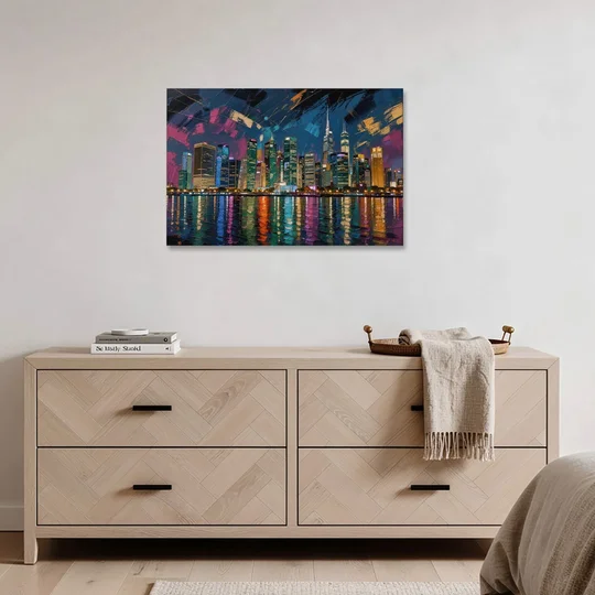 City at Night Painting Along the River - Canvas Wall Art - Coffee Table - 36x24